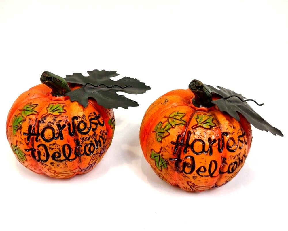 Set Resin Pumpkin Figurines w/ Metal Leaves Carved Harvest Welcome Fall Decor